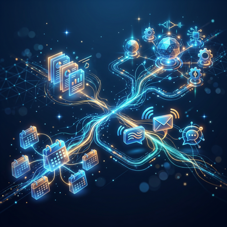 Glowing network connecting documents, calendars, messages, email, and technology icons