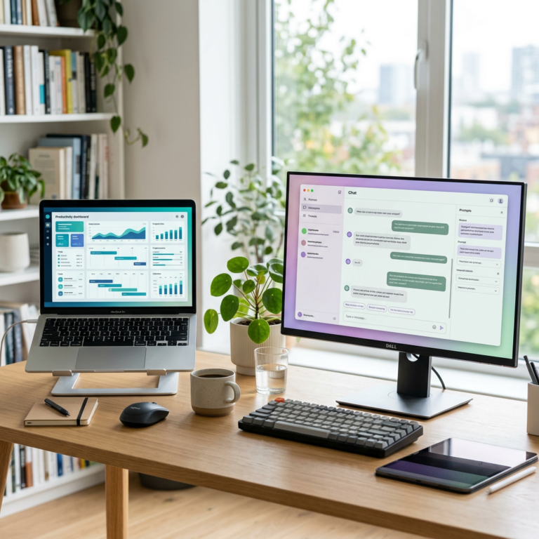 Editorial workspace with two abstract AI tool setups