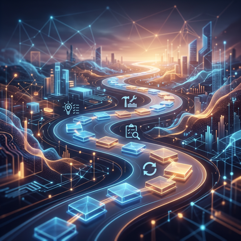 Futuristic city connected by glowing workflow paths and technology icons