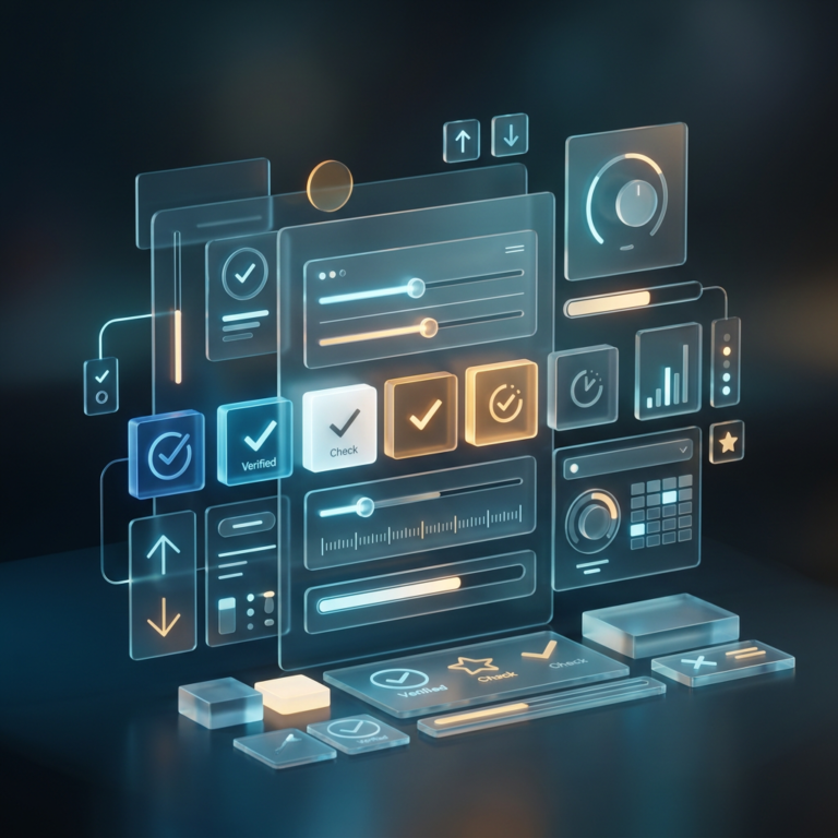 Futuristic dashboard interface with sliders, verification buttons, charts, and navigation controls