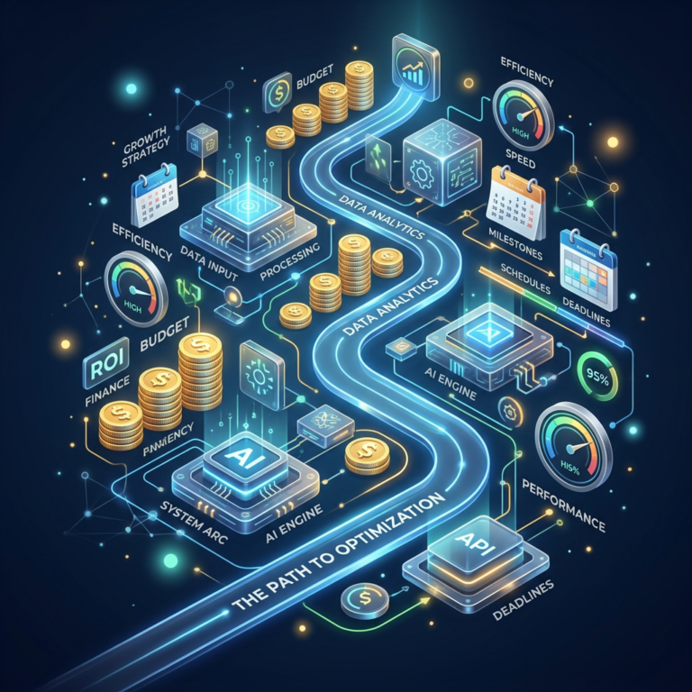 Illustration labeled The Path to Optimization with data analytics, AI, budget, and efficiency